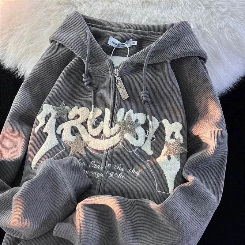 Fashion Embroidery Zip Up Hoodies Women Autumn Long Sleeve Tops Loose Hood Shirt Harajuku Y2K Clothes Female Sweatshirt Jacket - AIAZ