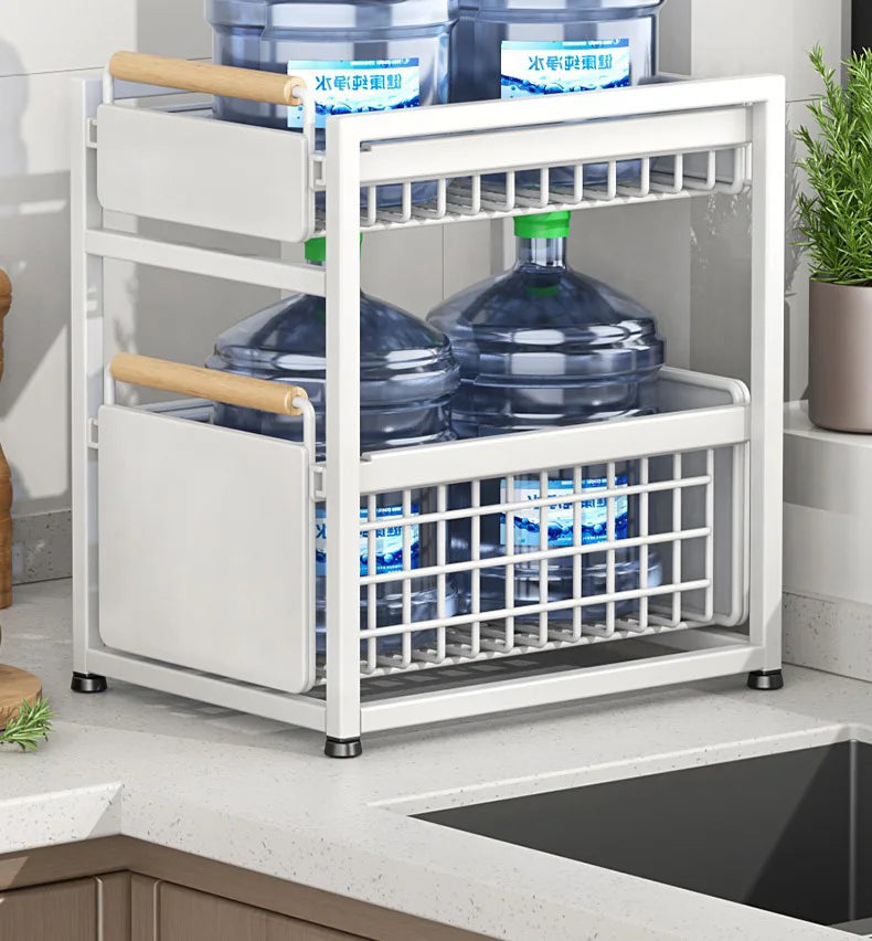 Under Sink Storage Rack Pull out Cabinet Organizer Kitchen Sliding Drawer Storage Basket Handle Bowl Plate Rack Holder Shelves