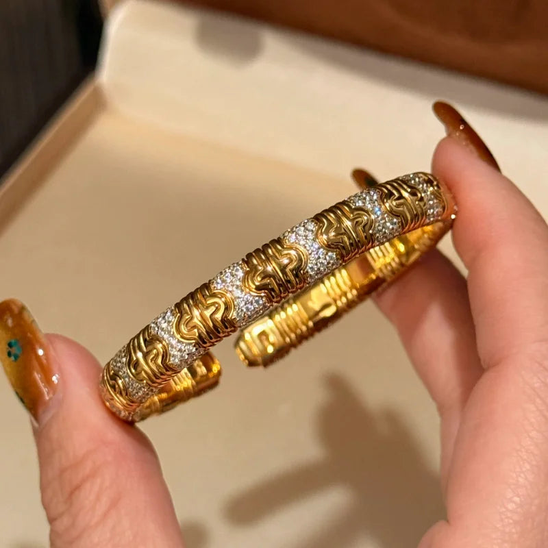 BELLUX Vintage Luxury Bracelet 925 Silver Gold Plated Full Diamond Distinctive Snake Open Bangle Unisex Jewelry