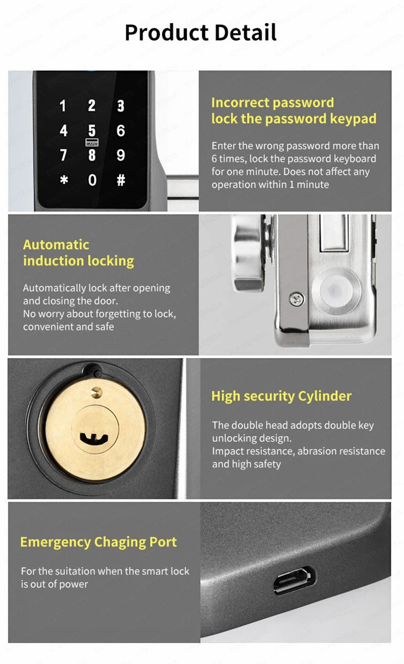 Security Home Gate Door Keys Entry RFID Card Code Password Tuya Wifi TTlock Smart Door Lock Digital Double Side Fingerprint Lock
