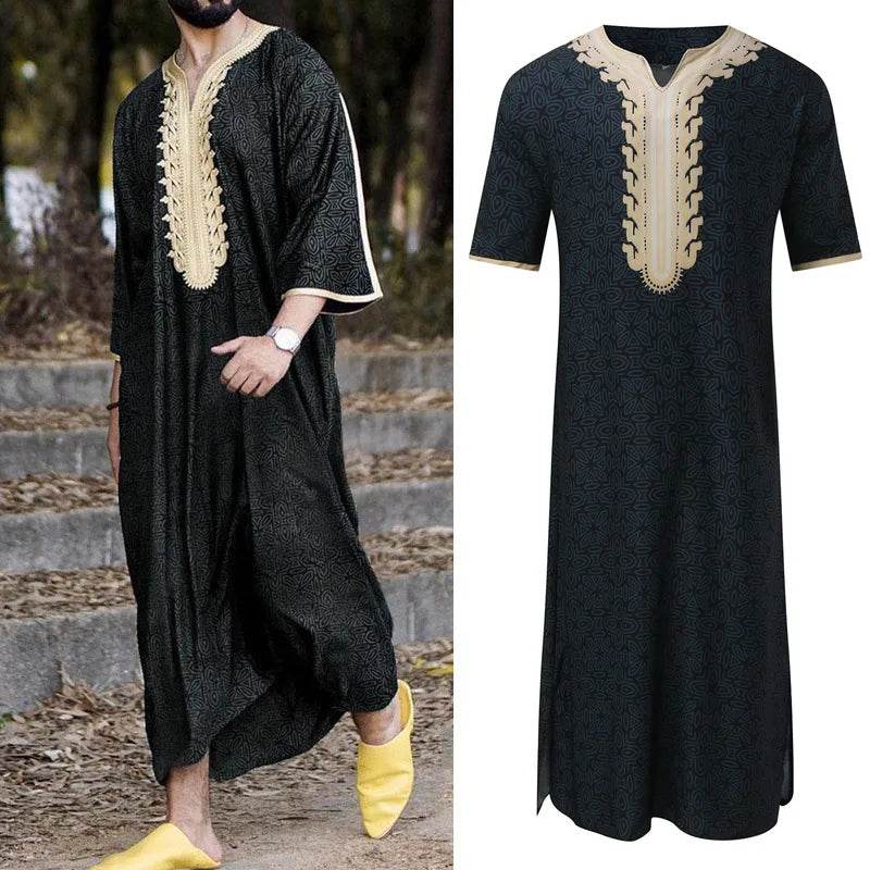 Men Muslim Summer Fashion Loose Robe Islam Kaftan Men Clothing Dubai Luxury Muslim Abaya Muslim V-neck Short Sleeve Printing - AIAZ