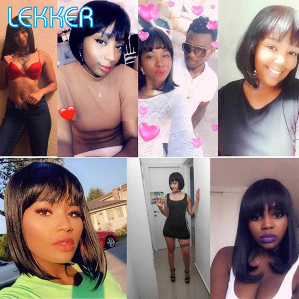 Lekker Blonde Short Straight Bob 100% Human Hair Wigs With Bangs For Women Brazilian Remy Hair Full Machine Made Daily 10" Wig