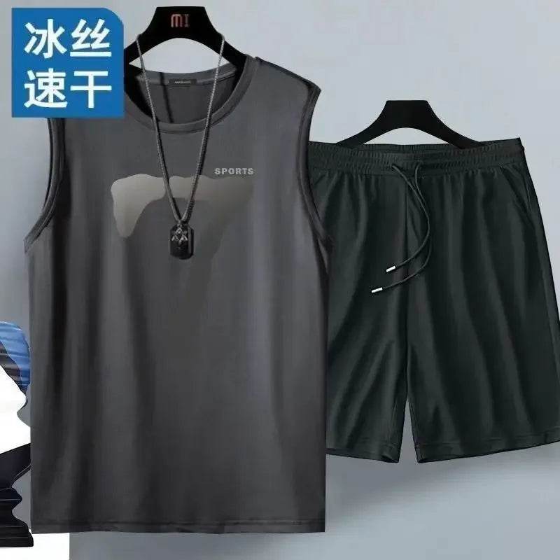 2025 Summer Clothes for Men Breathable Fitness Sports Quick Drying Men's Tank Top + Sweatpants Two-piece Sets Men's Clothing - AIAZ
