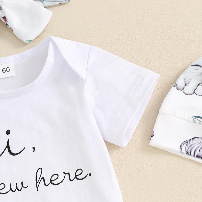 Citgeett Summer Infant Baby Boys Girls Outfits Short Sleeve Animal Print Romper + Pants + Headband + Hat Set Clothes