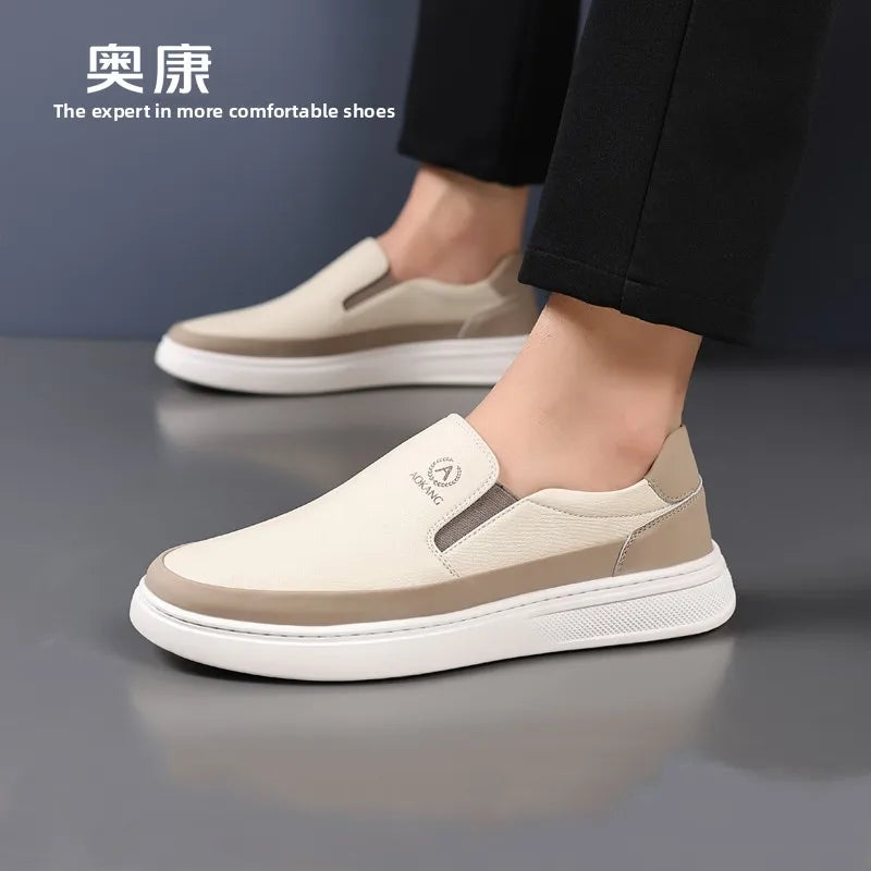 Aokang Men's Slip-On Casual oes Breathable Soft Bot Bean Leather oes Comfortable Rubber Sole Low Heel round Toe