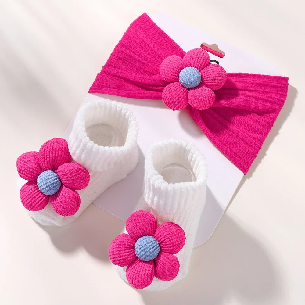 2Pcs Flower Baby Headband Socks Set Soft Nylon Hairband for Newborn Girl Elastic Floral Turban Short Sock Infant Headwear
