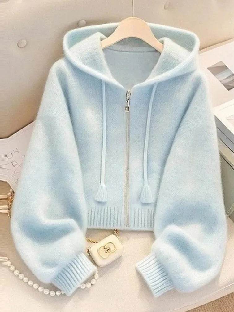 New Soft Blue Cardigan Sweaters Women Long Sleeve Elegant Knitted Jacket Sweet Design Female Casual Hooded Outwear Tops - AIAZ