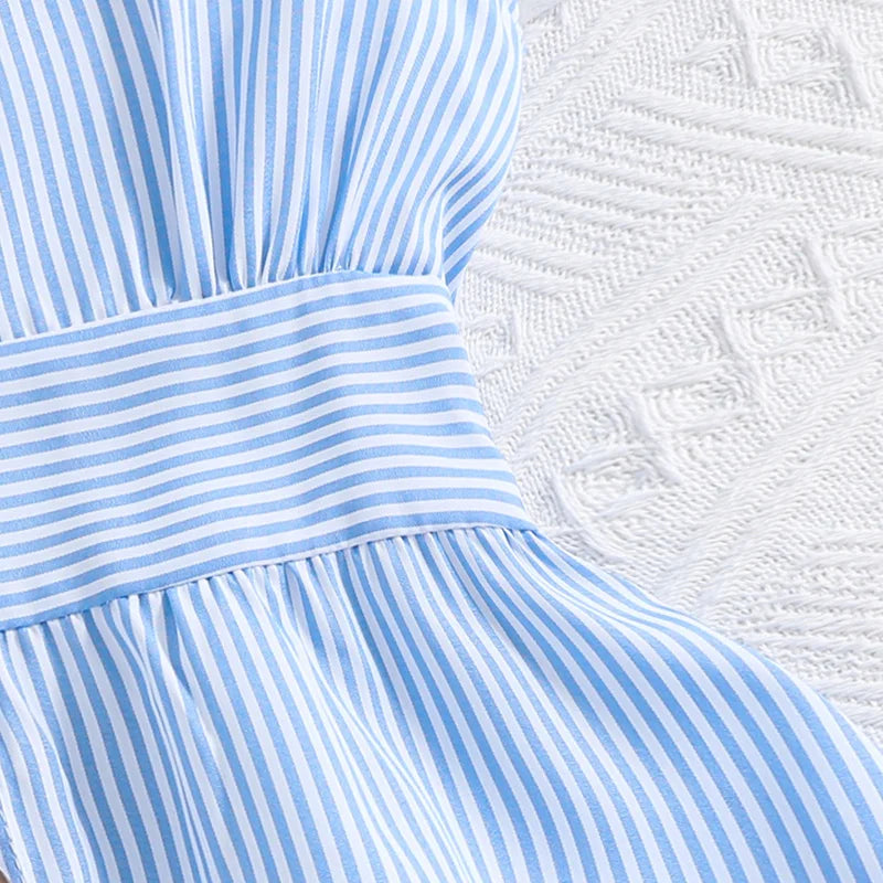 Girl Dress Summer New Light Blue Stripe Ruffled Sleeveless V-Neck Dress Elegant Cute Daily Casual Vacation Preppy Style Outifits