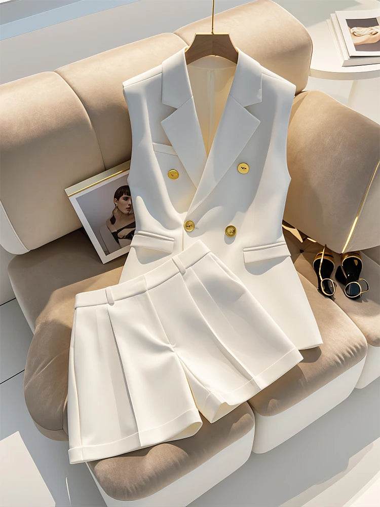 Ele White Suit Vest And orts Two-Piece Set for Women Profional Faionable ature Size Summer Outfit - AIAZ