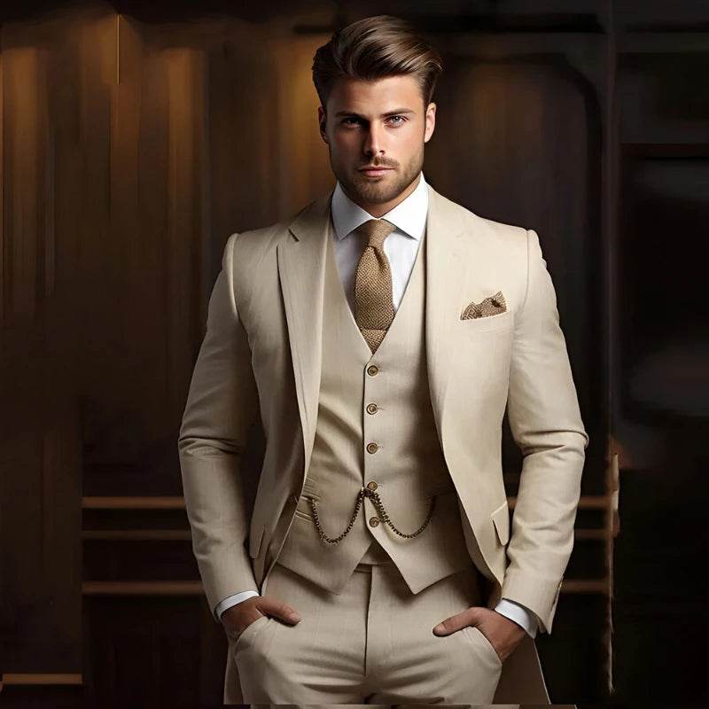 Formal Men's Suits for Groom 3 Pieces Khaki Wedding Groom Tuxedo Slim Fit 2025 Male Fashion Suit Jacket with Pants Vest - AIAZ