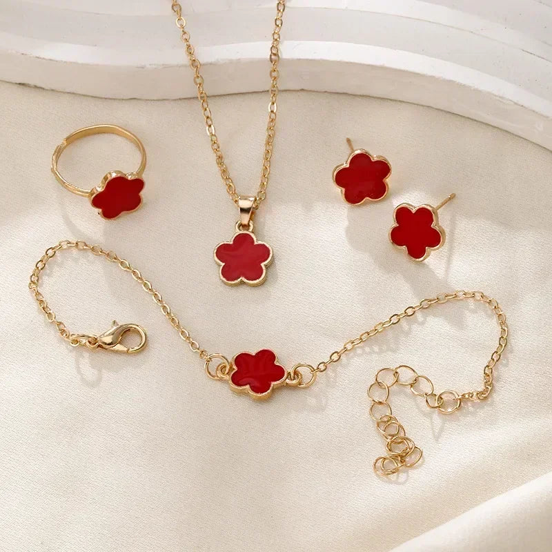 Lucky Five-petal Flower Clover Earrings Necklace Ring Bracelet Four-piece Set for Woman Fashionable Accessories Party Jewelry