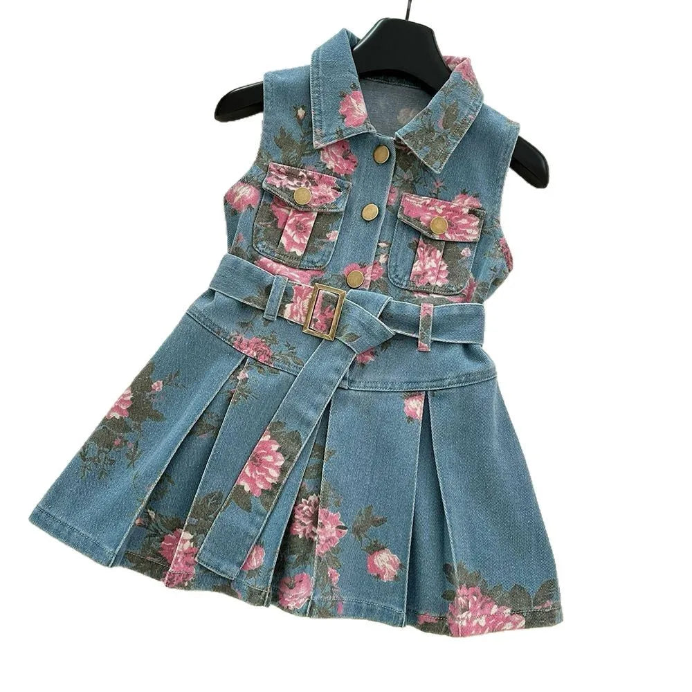 Bear Leader Summer New Korean Version Girls Clothes Lapel and Sleeveless Printed Denim Belt Dress Casual Easter toddler dresses