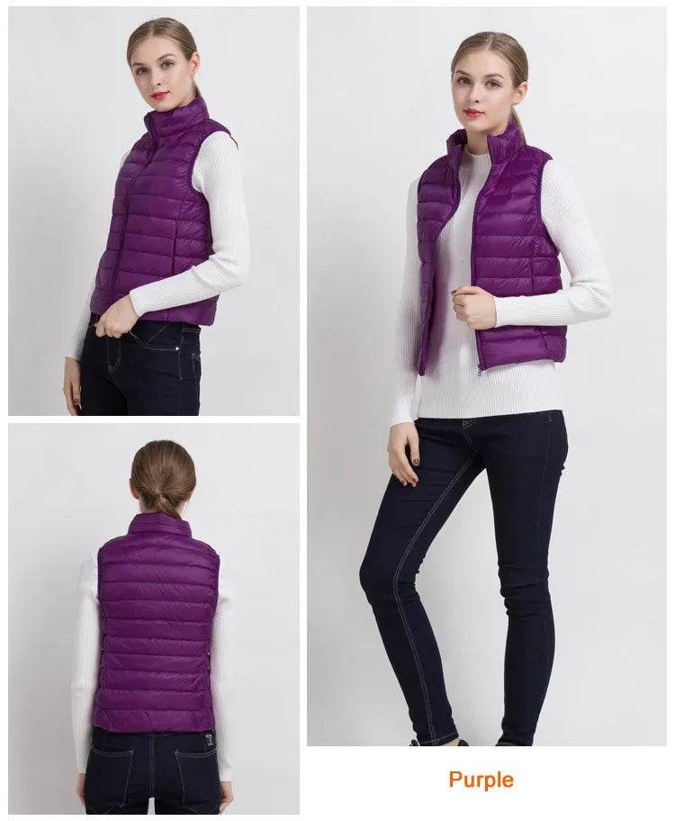 0-10℃ Women Vests Autumn Winter Ultra Light Duck Down Vest Female Slim Sleeveless Jacket Windproof Warm Puffer Waistcoat 4XL - AIAZ