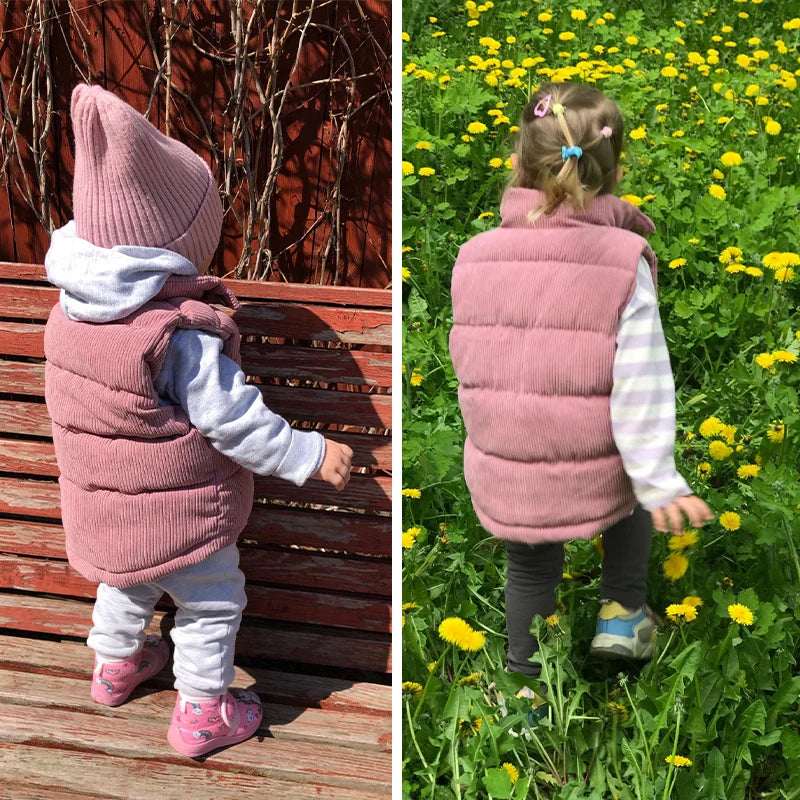 Children Autumn Winter Warm Vest Girls Casual Solid Color Jacket Boys Simple Fashion Collar Thickened Corduroy Waistcoat 2-10T