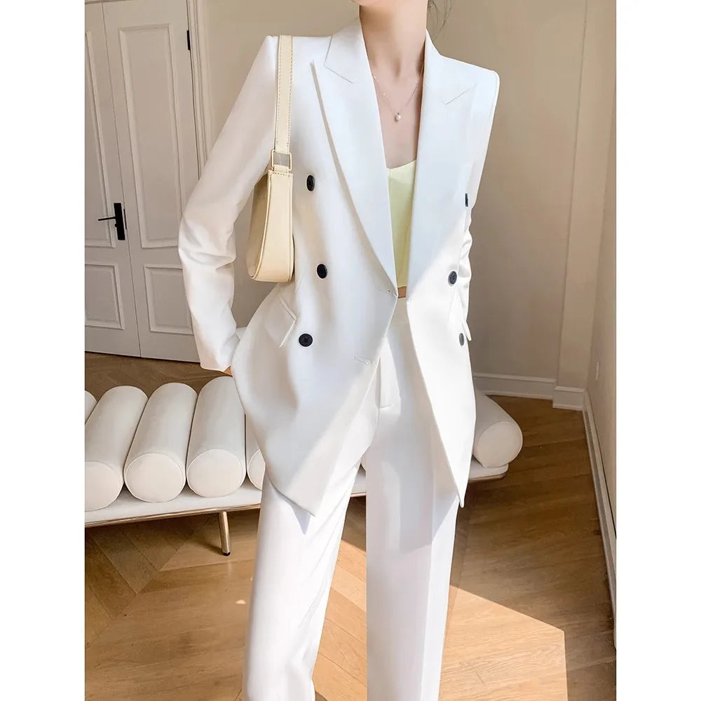 Solid White Suit Women 2025 New Spring Autumn Flares Pants High-Grade Slimming Business Clothing Sets Formal Suits Overalls