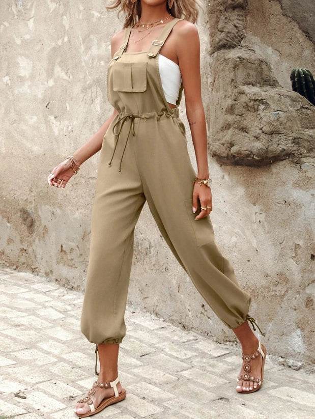 Women's Jumpsuit 2024 Spring/summer Latest Square Collar Sleepless Pocket Design Drawstring Suspender Romper Drawstring Bodysuit - AIAZ