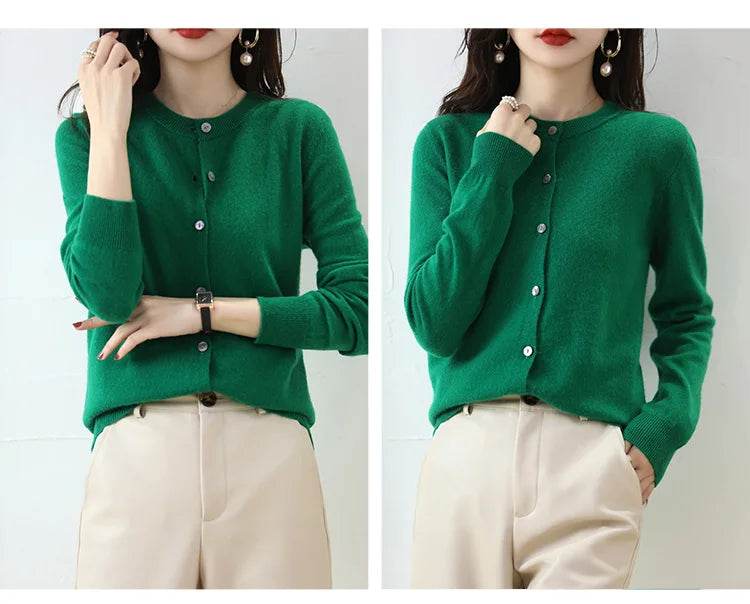 Knitted Cardigan Women's Sweater Autumn And Winter 2022 New Solid Color Coat Round Neck Short Long Sleeve Loose Korean Fashion - AIAZ