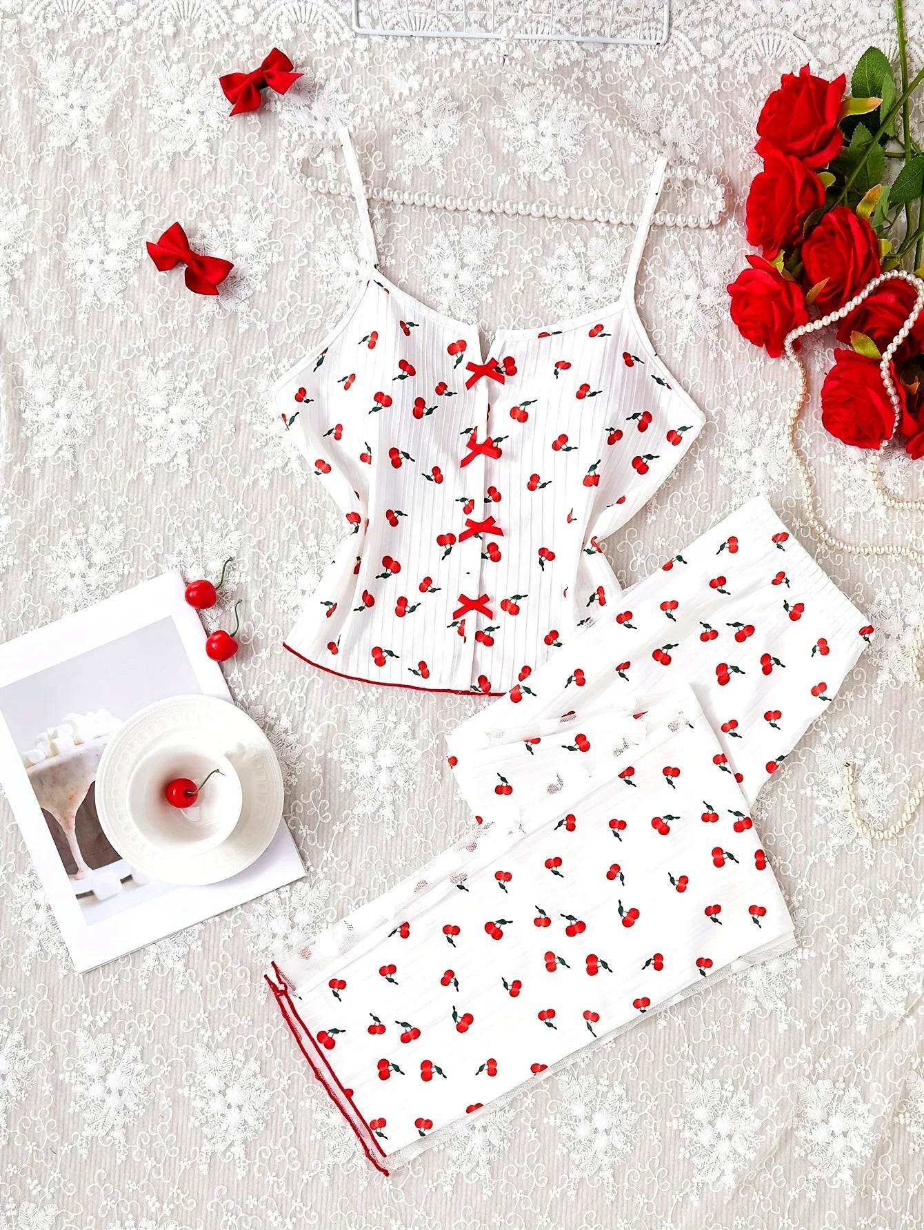 Women's Pajamas Set V-Neck Sleeveless Camisole Vest Cherry Printed Knitted Splicing Mesh Pants Sexy Home Pijama 2 Piece Woman - AIAZ