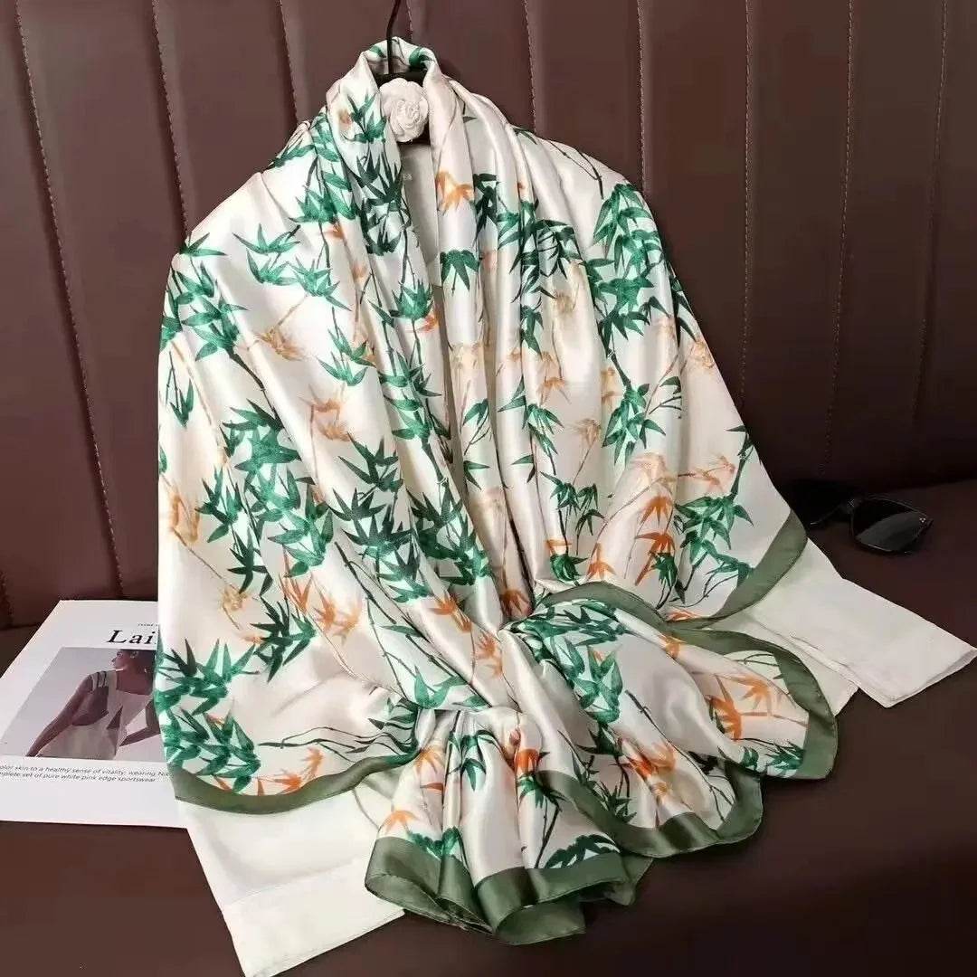 New Summer Women's Silk Scarf Sun Protection Satin Print Extra Long Beach Cover Up Decorative Mom's Shawl Fashionable Accessory - AIAZ