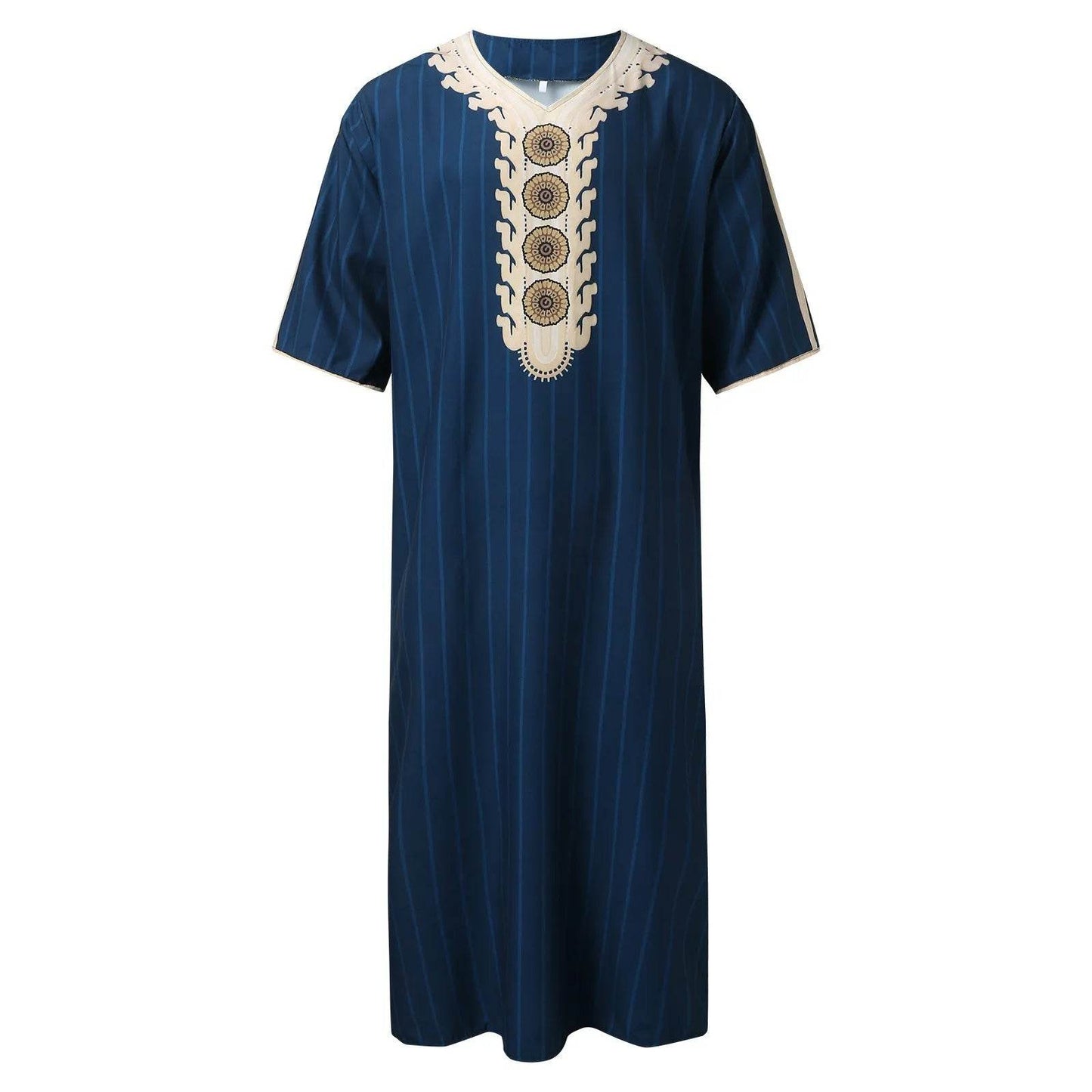 Muslim Men'S Clothing Hand-Embroidered Loose Breathable Summer Fashion Loose Robe Dubai Luxury V-Neck Short Sleeve Printing - AIAZ