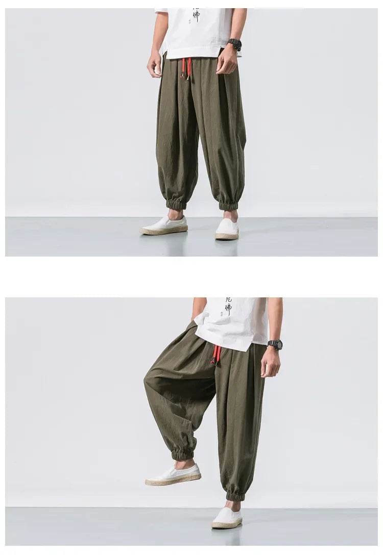 New Trendy Men Harem Pants Loose Oversized Style Cotton and Linen High Quality Jogger Sweatpants Casual Male Trousers - AIAZ