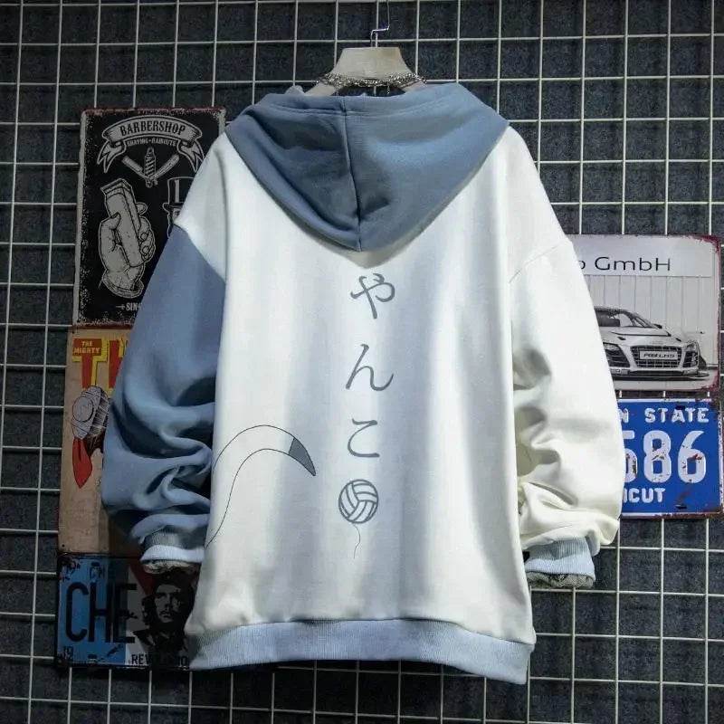 Japanese Style Spring Autumn Men Hoodie Hooded Cute Cat Print Patchwork Teen Hoodies Fashion Anime Harajuku Male Sweatshirt - AIAZ
