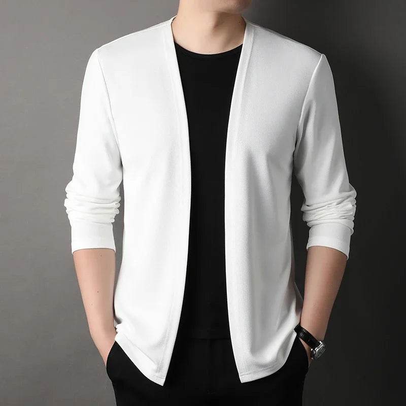 New Men's Casual Solid Color Long Sleeved Cardigan Cloak Spring and Autumn Fashionable Comfortable Top - AIAZ