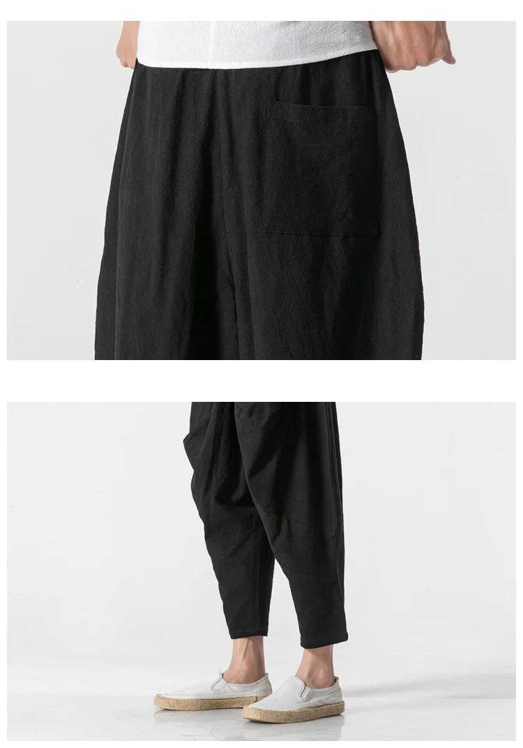 2025 Men Linen Pants Mens Wide Crotch Harem Pants Man Chinese Style Ankle-Length Pants Male Wide-Legged Bloomers Trousers - AIAZ