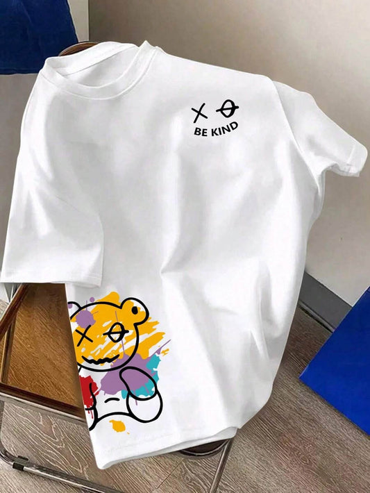 Men's 100% pure cotton summer loose size BE KIND letter cartoon print casual comfortable round neck short sleeved T-shirt top - AIAZ