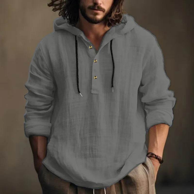 24 New cotton and linen shirts hooded loose large size casual sweater long sleeve hoodie men - AIAZ