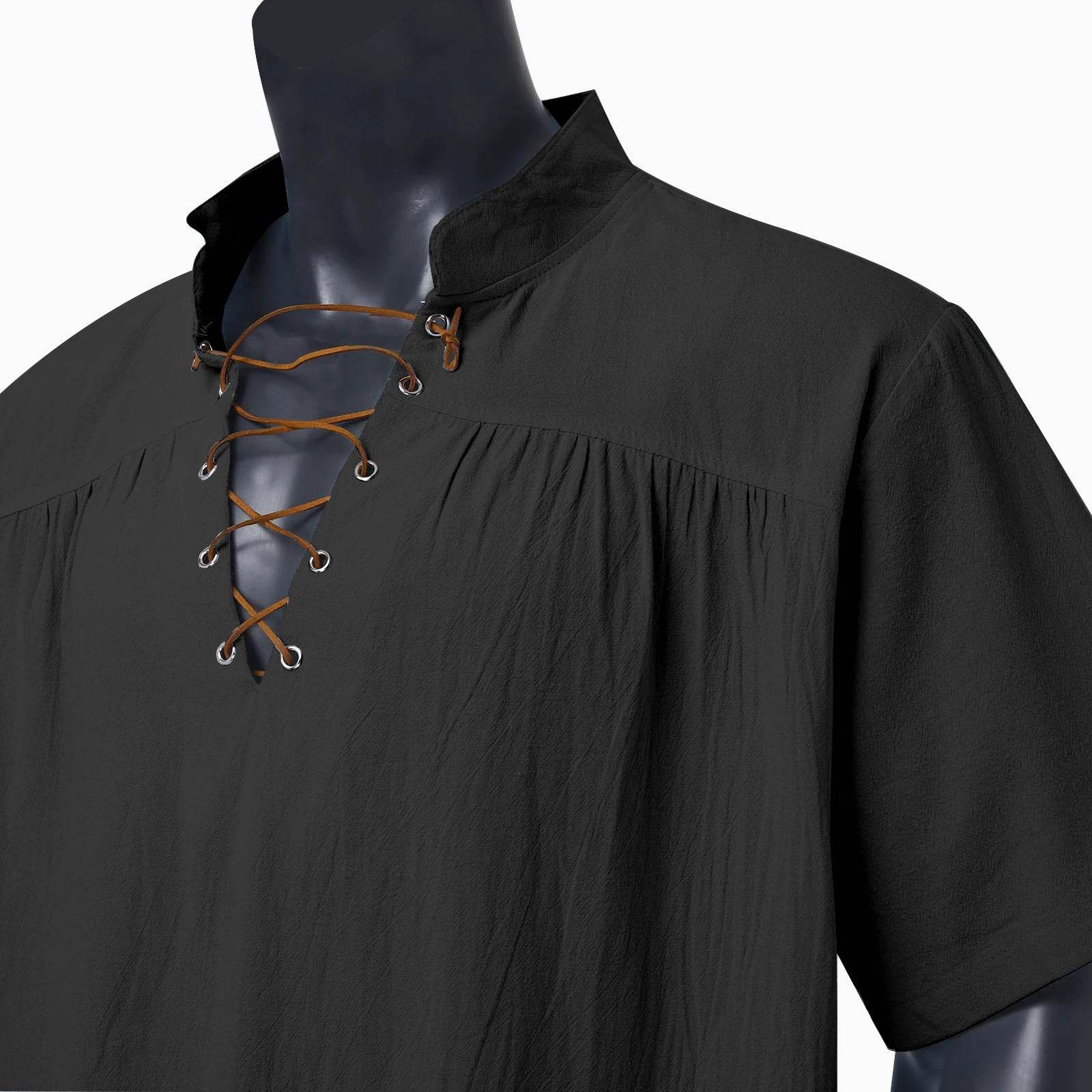 Medieval Costume Shirts Men Short Sleeve Vintage Renaissance V Neck Lace up Blouse Tops - AIAZ