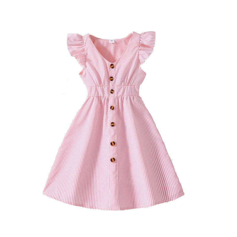 Girl Dress Summer New Light Blue Stripe Ruffled Sleeveless V-Neck Dress Elegant Cute Daily Casual Vacation Preppy Style Outifits