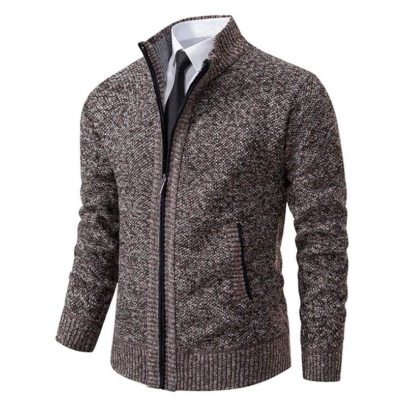 Autumn And Winter New Jersey Men's Casual Sports Coat Solid Color Stand Collar Wweater Grab Fleece Warm Zipper Cardigan - AIAZ