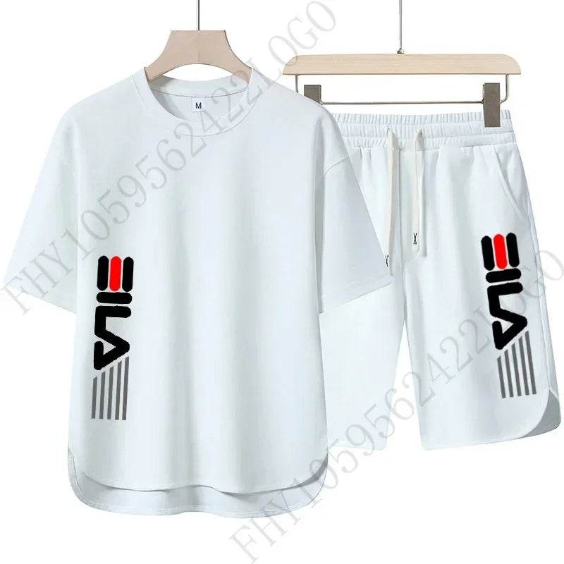 New 2025 summer men's casual round-neck T-shirt and shorts two-piece fashionable printed breathable men's short-sleeved suit - AIAZ