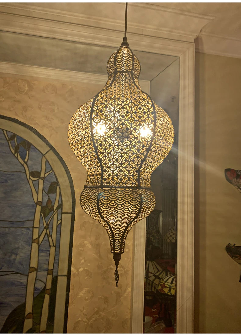 Vintage Antique Hollow Carving Pendant Lamp Southeast Asia Moroccan Golden Hanging Light Restaurant Bar Industrial Pendant Light