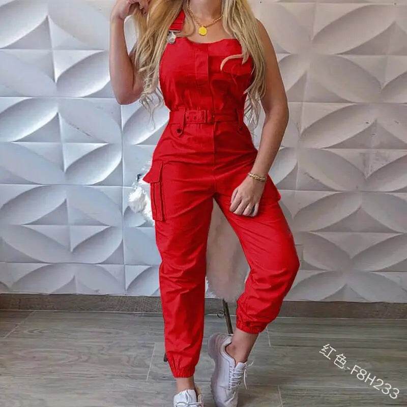 2025 Women's Casual Jumpsuits Cargo Playsuit Sleeveless O Neck Jumpsuit With Pocket and Belt Elegant Pencil Pants Loose Overalls - AIAZ