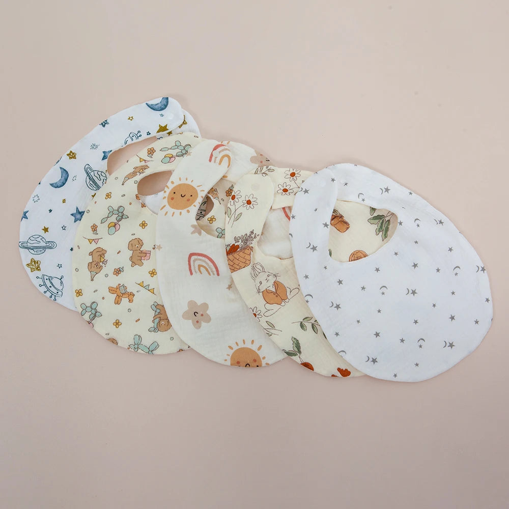 2Pcs/Set Baby Bibs Reusable Saliva Towel Good Absorption Soft 100% Cotton Gauze Cartoon Print Adjustable Baby Feeding Bibs