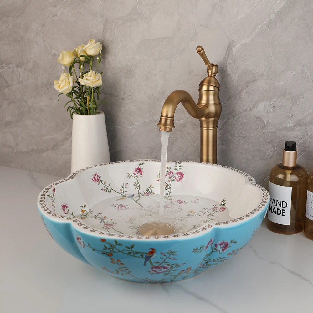 ZAPPO Above Counter Ceramic Vessel Sink For Bathroom Round Petal Shaped Flower & Bird Pattern Wash Basin Bowl Sinks With Faucet