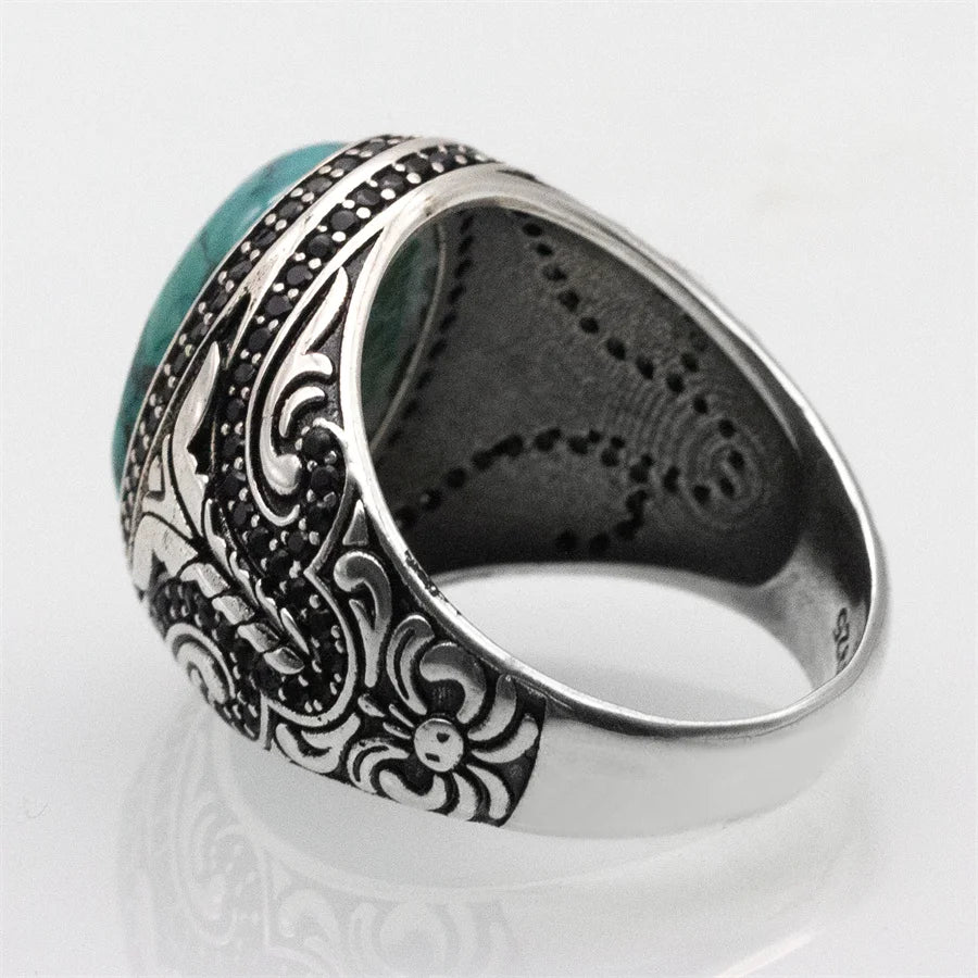 Natural Turquoise Stone Ring Men Pure Sterling Silver 925 Gemstone Ring Men Turkish Handmade Jewelry
