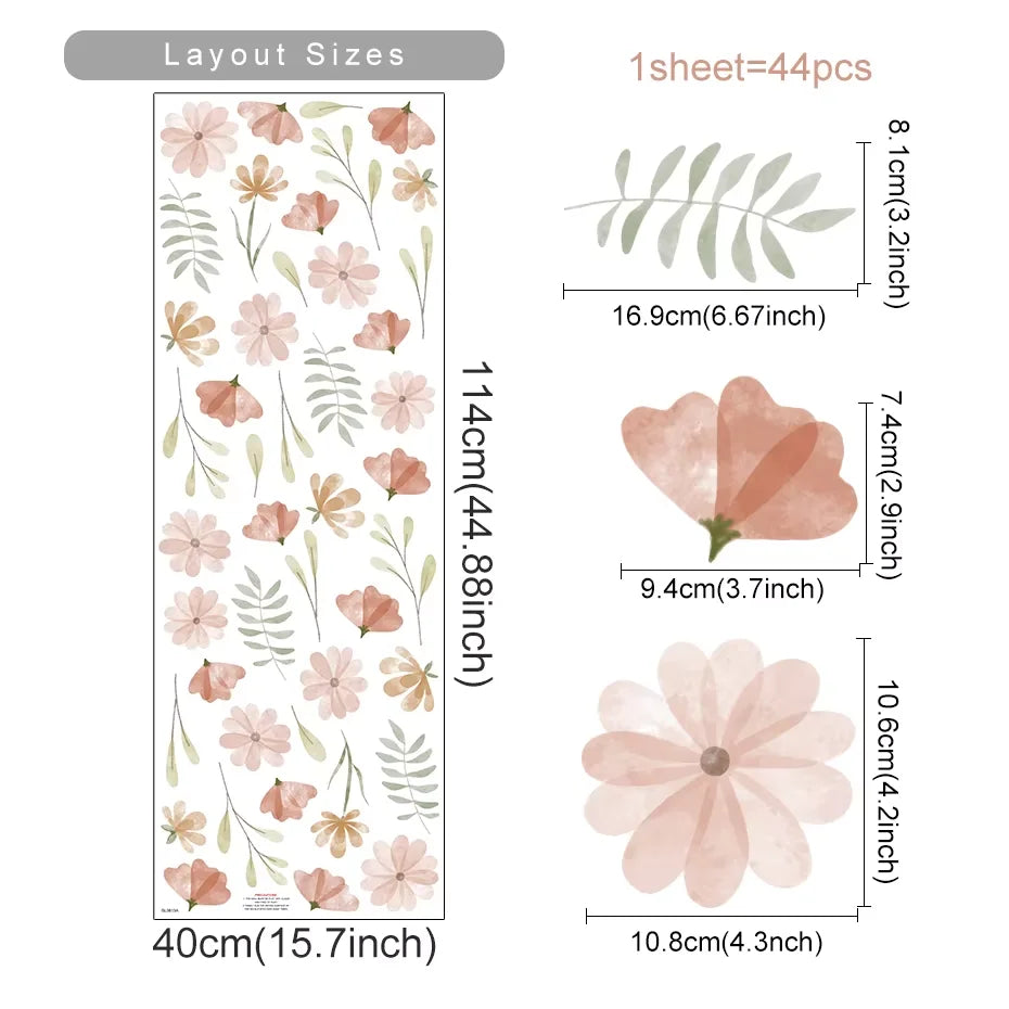 Boho Flowers Wall Stickers Child Watercolor Bedroom Living Room Home Decor Art Eco-frienly Removable Decals PVC Murals
