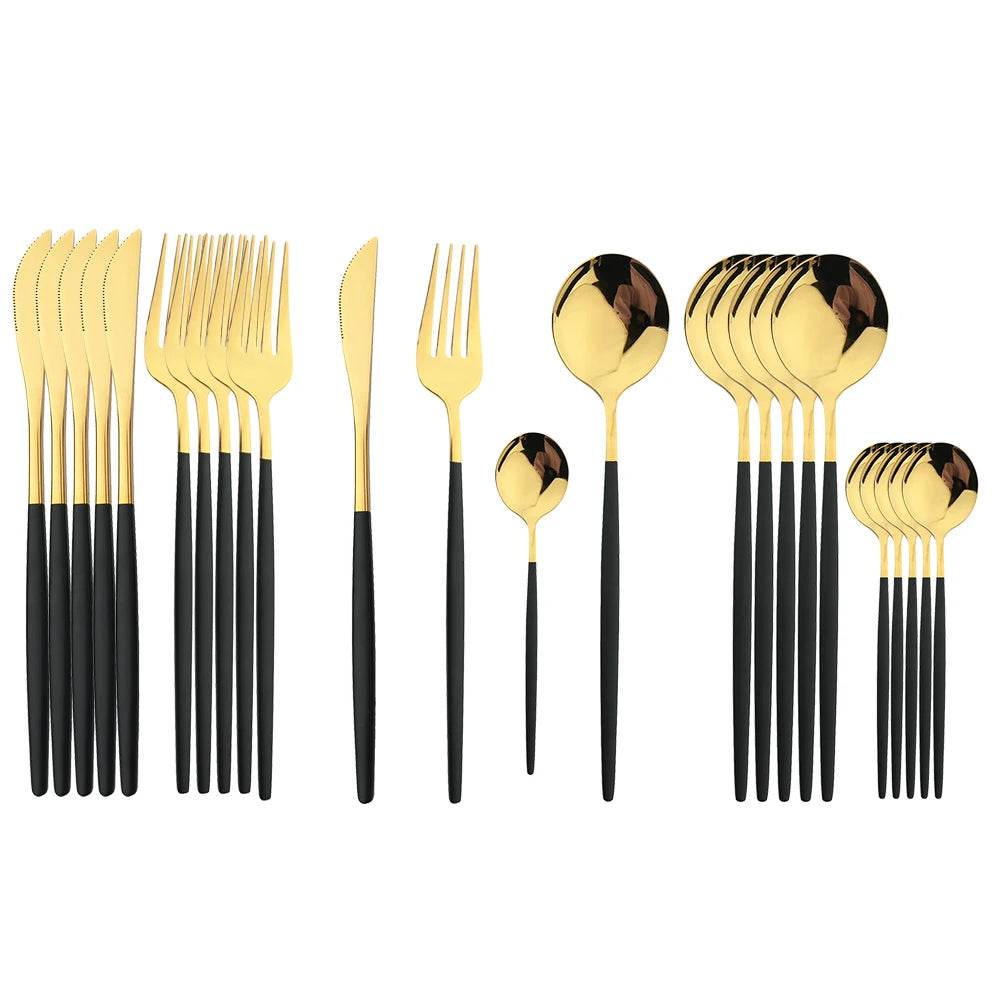 24Pcs Black Handle Golden Cutlery Set Stainless Steel Knife Fork Spoon Tableware Flatware Set Festival Kitchen Dinnerware Gift - AIAZ