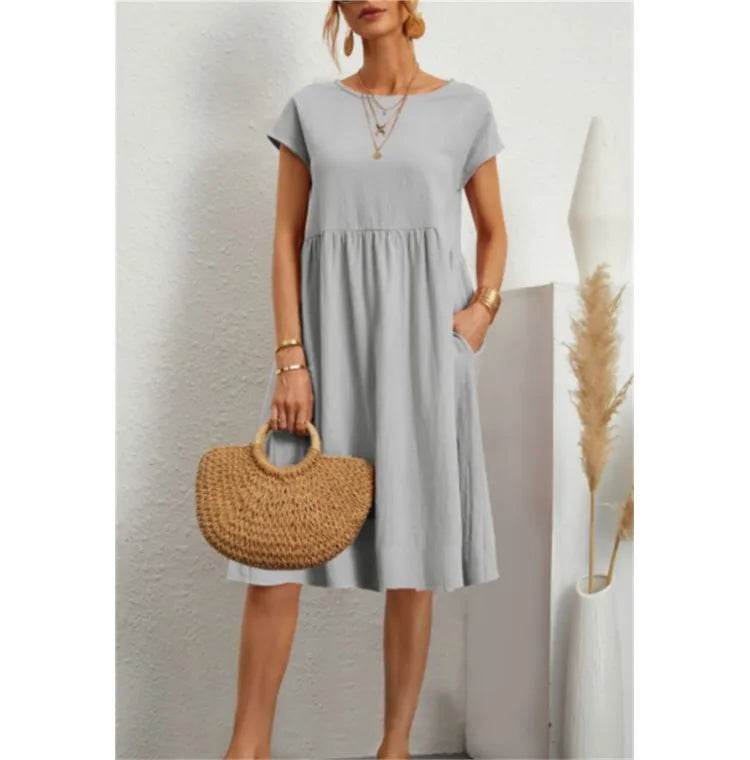 Women's Dresses 2025 Summer Fashion Casual Dresses Women Loose Mid Length Over Knee Dress New Short Sleeve Solid Dress Woman - AIAZ