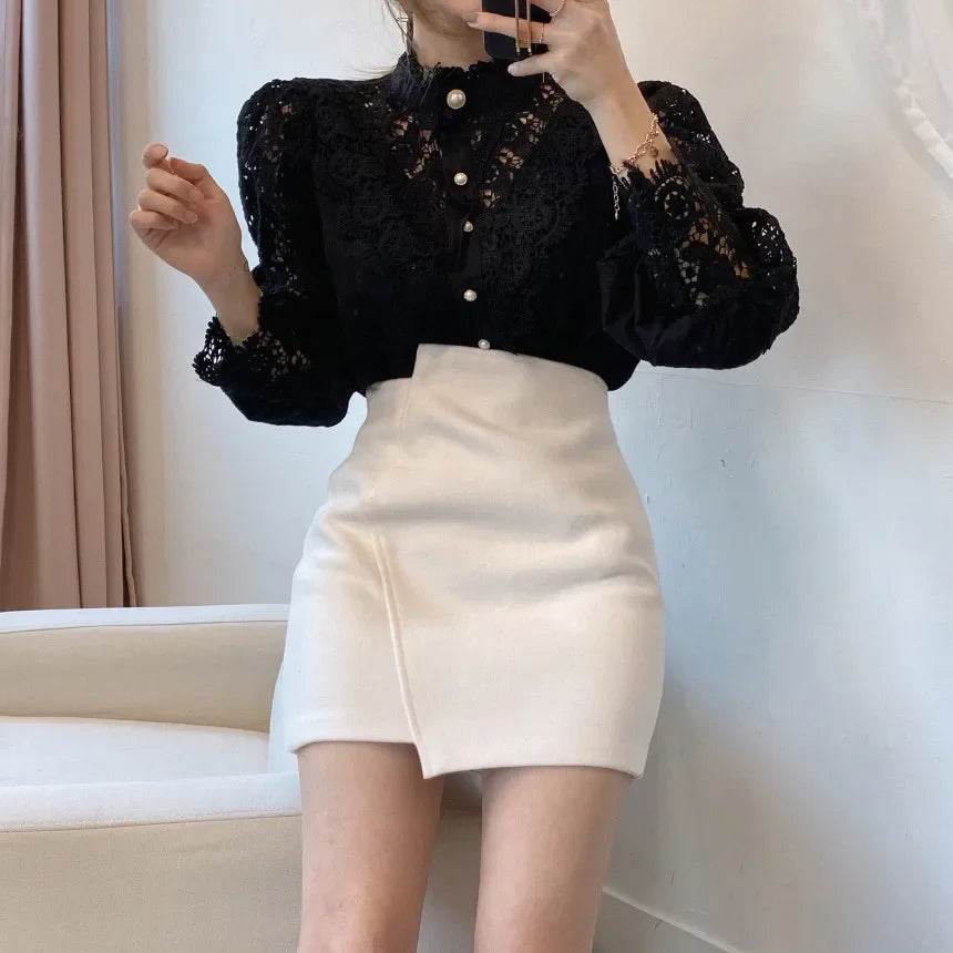 Women's Summer Lace Shirt Button White Top Fashionable Casual Top for Spring Autumn4107 - AIAZ