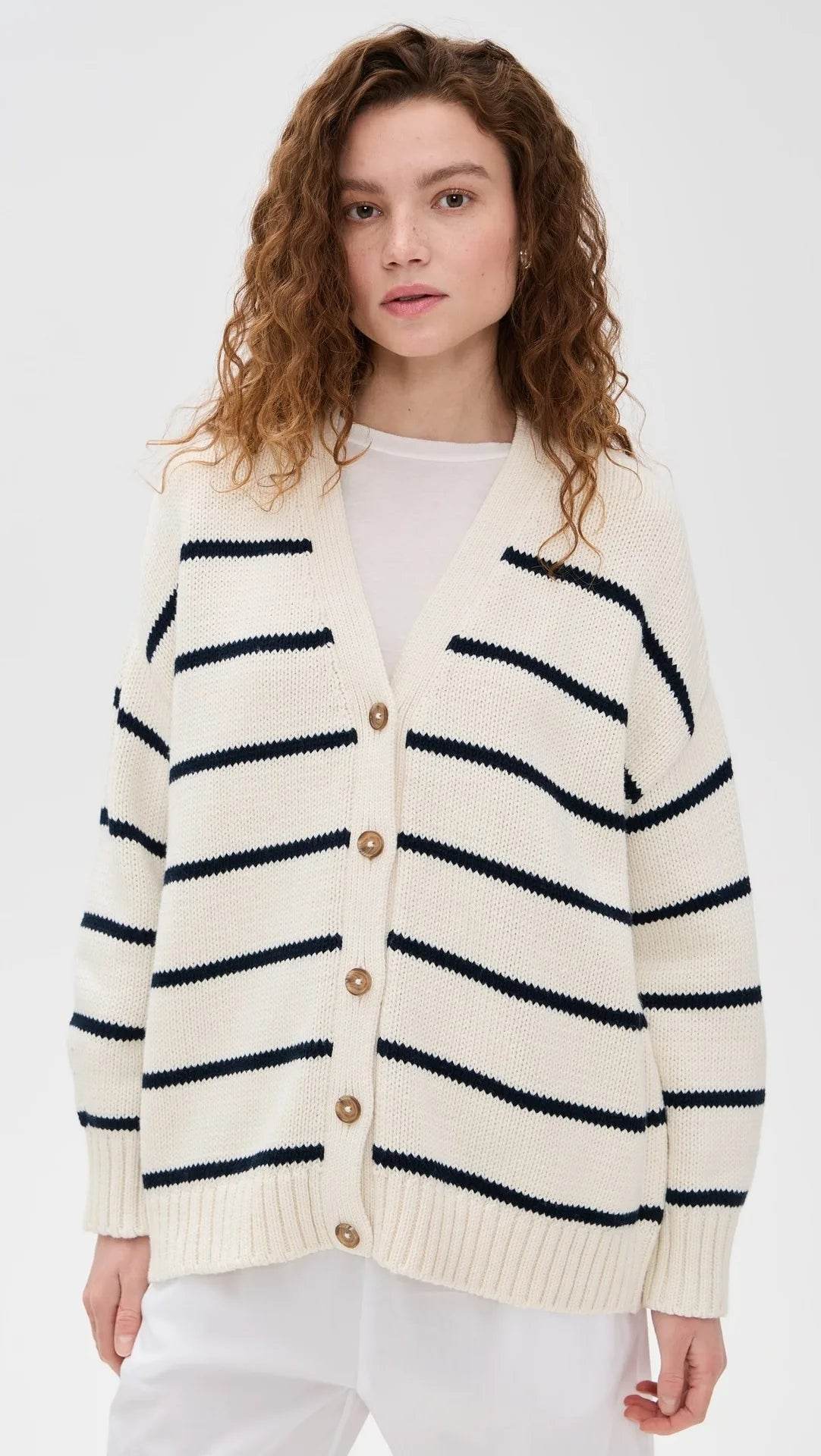 Casual Stripe Knitted Cardigan For Women 2025 Autumn Winter Single Breasted V-Neck Sweater Female Loose Coat - AIAZ