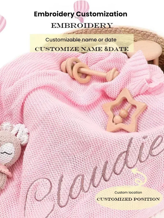 Personalized  letter Embroidered Newborn Custom name Nursery Baby Cotoon Knit Blanket Chunky Stroller Gifts for Boy Girl  Birthd