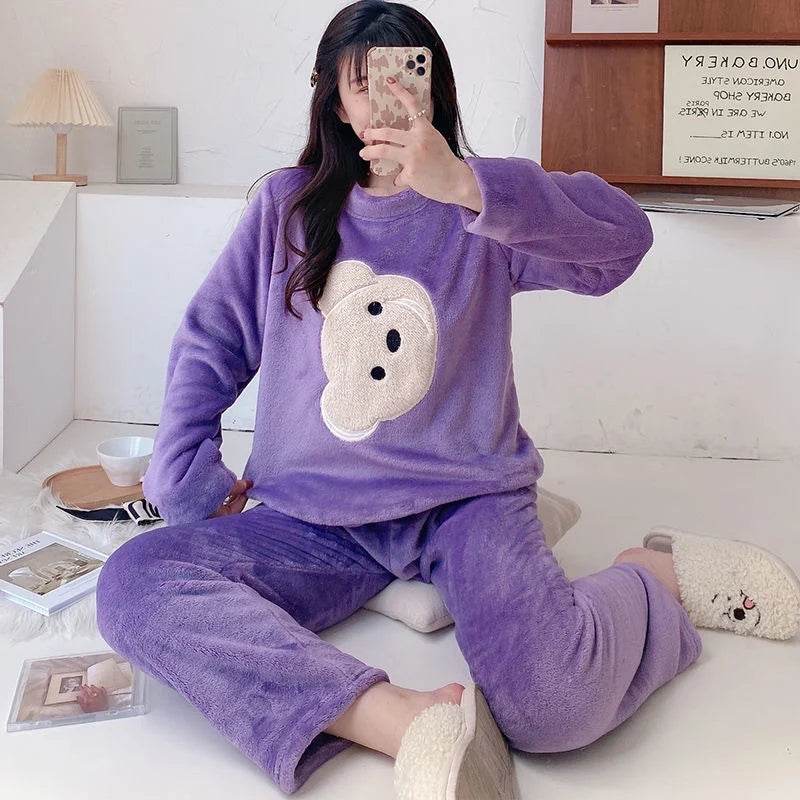 Women Pajamas Autumn Winter Flannel Warm Woman Sleepwear Korean cute Cartoon Pajama Set Fashion Pijama Mujer Home Cloth Pyjamas - AIAZ