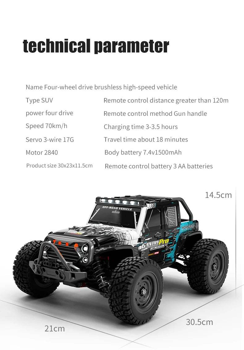 16103PRO 2.4GHz 70KM/H Professional RC Car: Brushless Motor, 1:16 Scale 4WD High-Speed Off-road Climbing Vehicle Wtith LED Light - AIAZ
