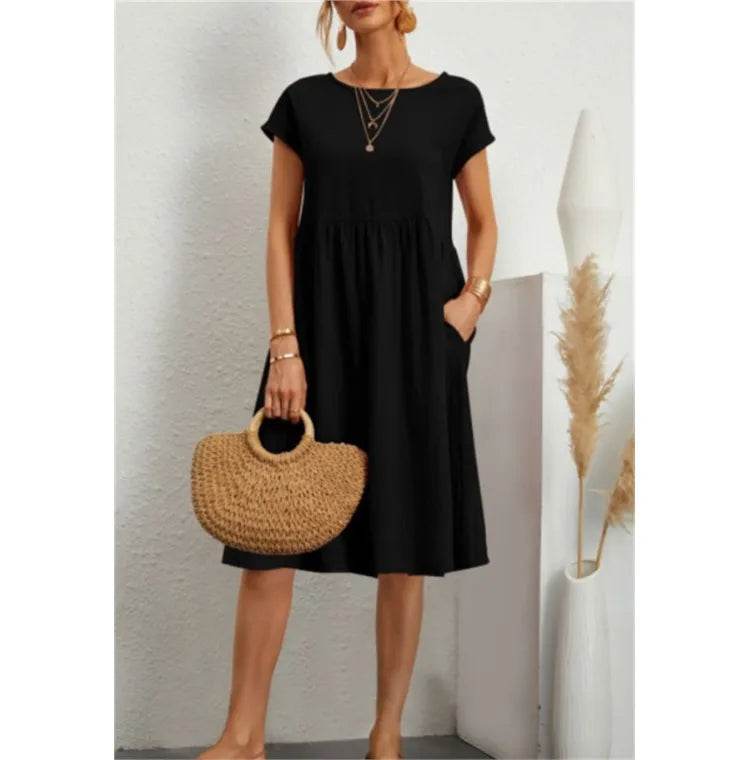 Women's Dresses 2025 Summer Fashion Casual Dresses Women Loose Mid Length Over Knee Dress New Short Sleeve Solid Dress Woman - AIAZ