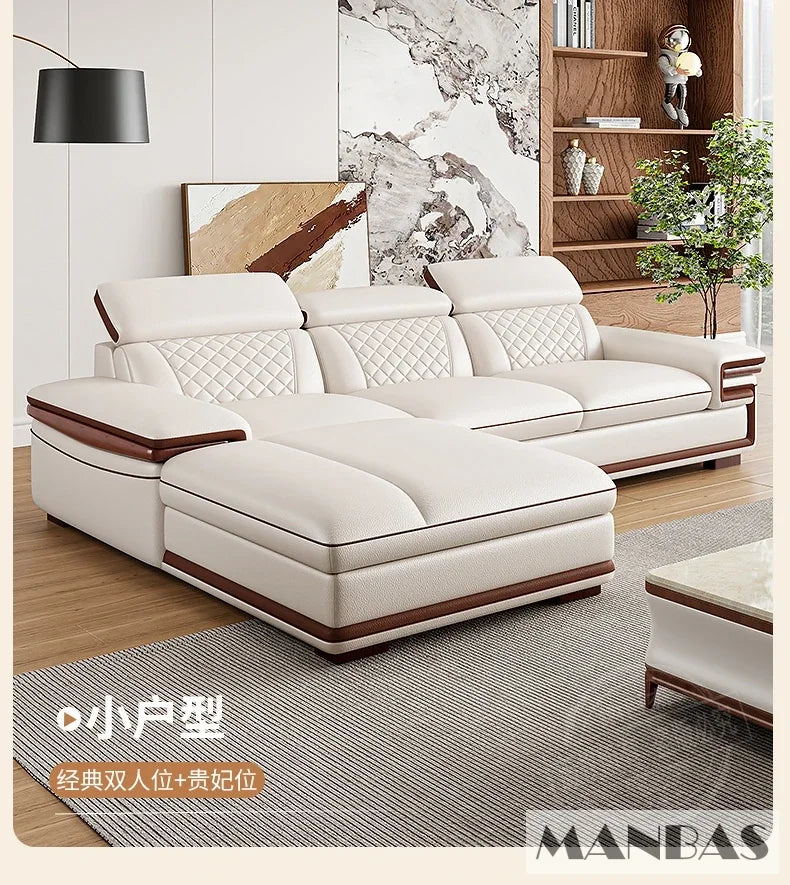 MINGDIBAO Premium Italian Genuine Leather Sofa Set for Living Room with Adjustable Headrests and Built-in Bluetooth Speaker, USB