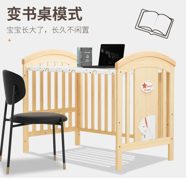 Baby Crib Multifunctional BB Baby Crib Solid Wood Unpainted Cradle Bed Movable Newborn Children Splicing Large Bed